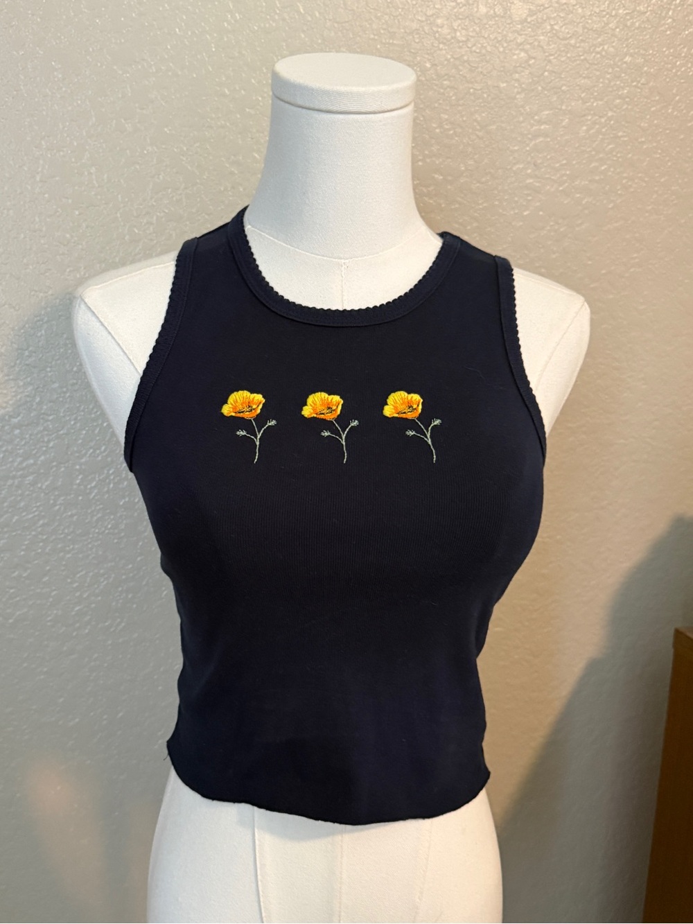 John Galt Brandy Melville Sleeveless Navy Ribbed Tank with Yellow Flowers
